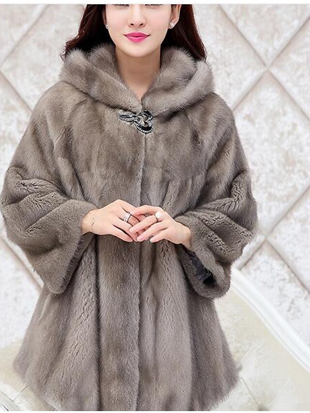  Women's Daily Basic Fall / Winter Long Fur Coat, Solid Colored Hooded Long Sleeve Others Black / Dark Gray / Light gray / Loose