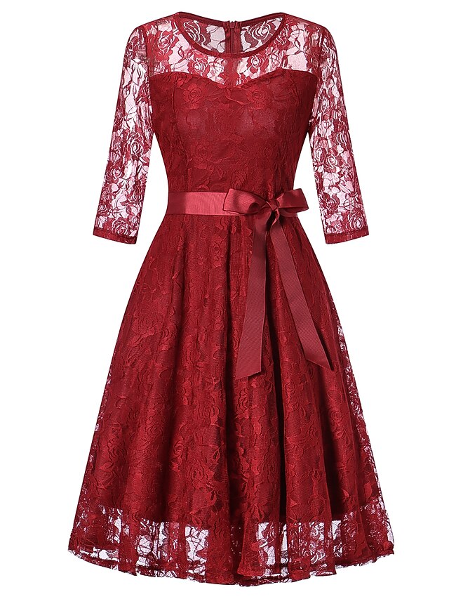  A-Line Elegant Vintage Inspired Homecoming Prom Dress Jewel Neck 3/4 Length Sleeve Knee Length Lace with Sash / Ribbon 2020