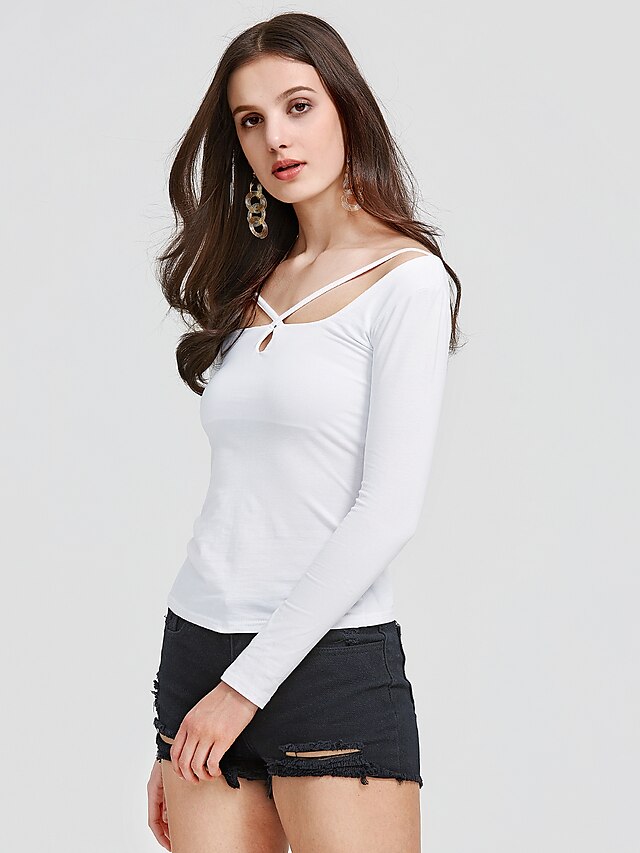  Damen Solide Baumwolle T-shirt, U-Ausschnitt Weiß
