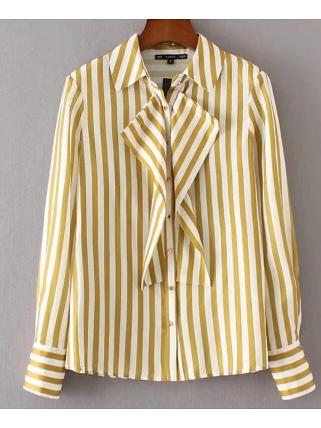  Women's Shirt Striped Shirt Collar Yellow Daily Holiday Print Clothing Apparel Cotton Basic / Summer / Long Sleeve