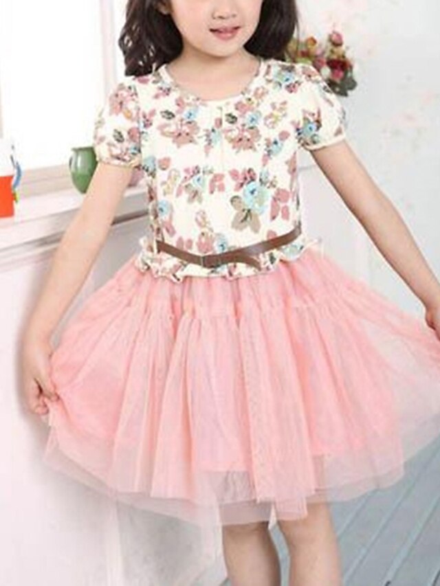  Kids Floral Short Sleeve Dress Pink