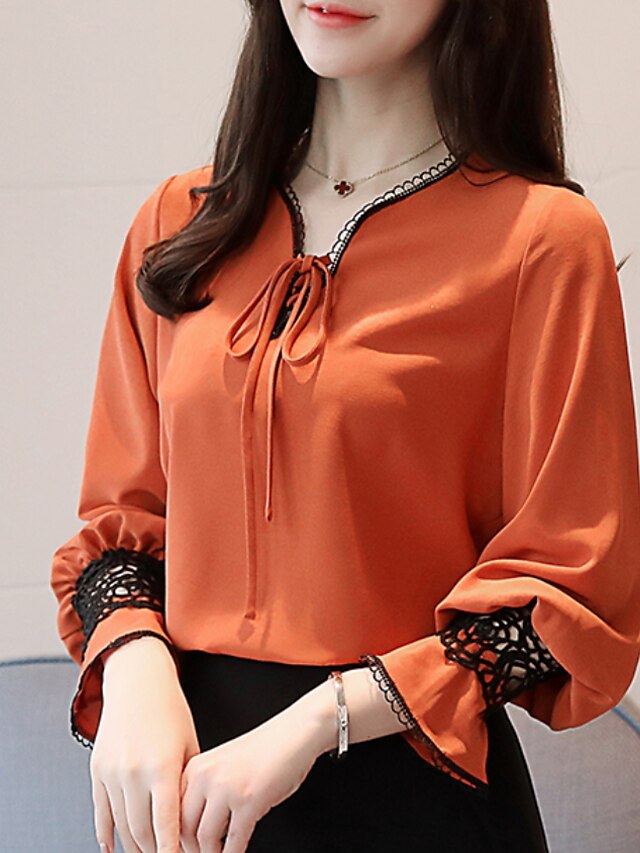  Women's Blouse Solid Colored V Neck Daily Holiday Lace Patchwork Long Sleeve Tops Basic Orange Light Blue / Lantern Sleeve