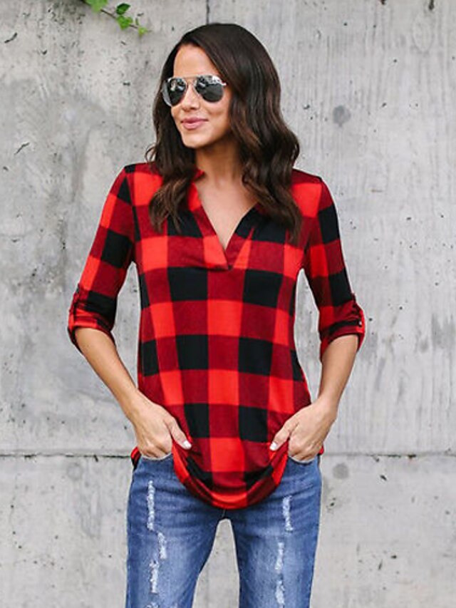  Women's Shirt Green Blue Red Plaid Color Block Long Sleeve Daily Holiday Streetwear Shirt Collar Long Cotton Loose Fit S / Sexy