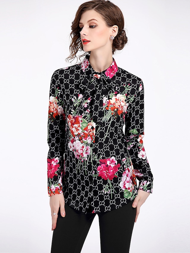 Women's Shirt Floral Shirt Collar Black Daily Clothing Apparel Streetwear / Winter / Long Sleeve