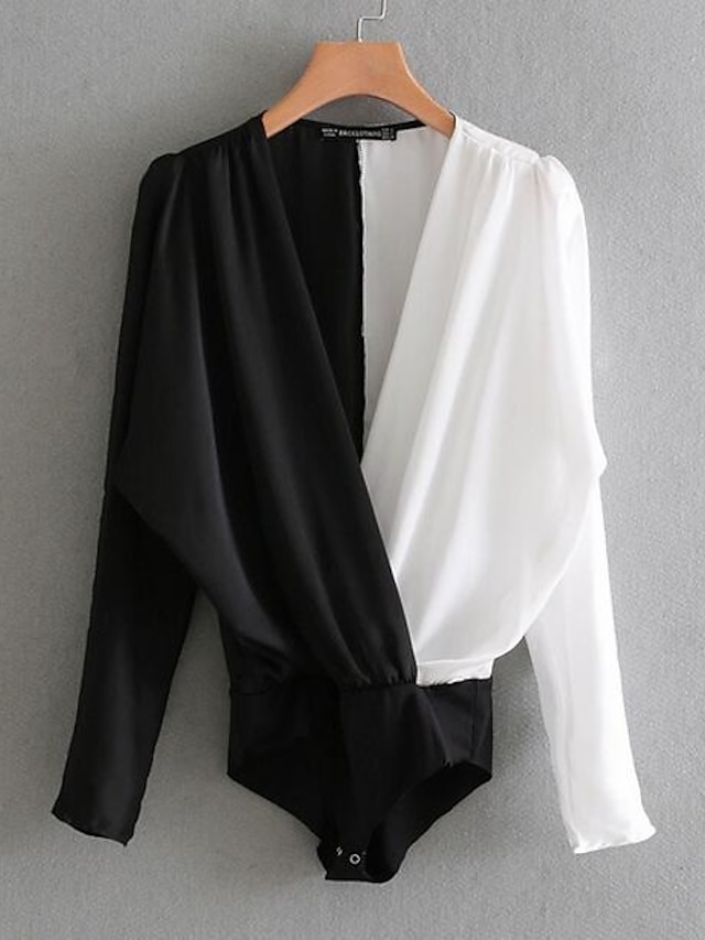  Women's Bodysuit Color Block V Neck Black Going out Clothing Apparel Streetwear / Winter / Long Sleeve