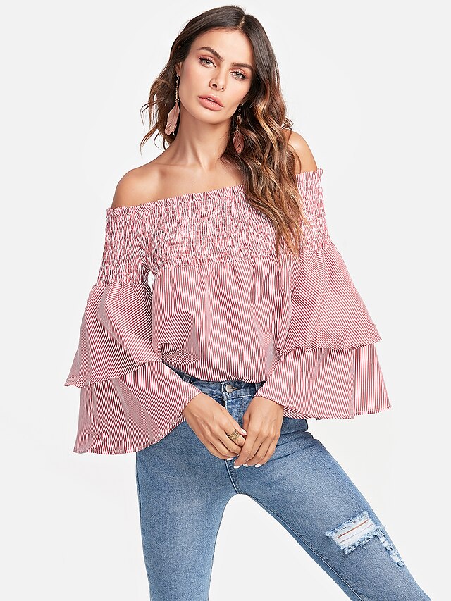  Women's Holiday Active Petal Sleeves Shirt - Striped / Floral Ruffle / Denim Off Shoulder