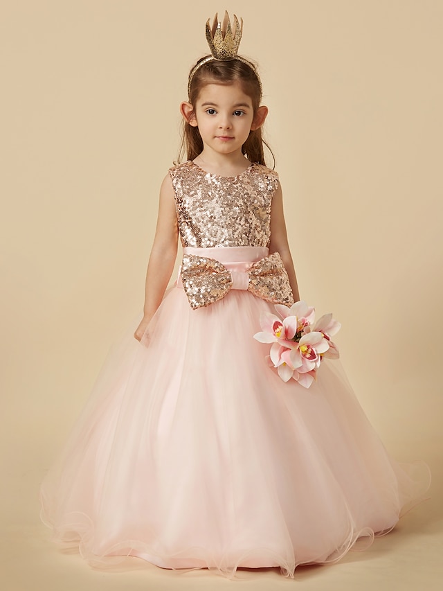  Ball Gown Floor Length Organza Sequined Flower Girl Dresses with Bow(s) Sequin