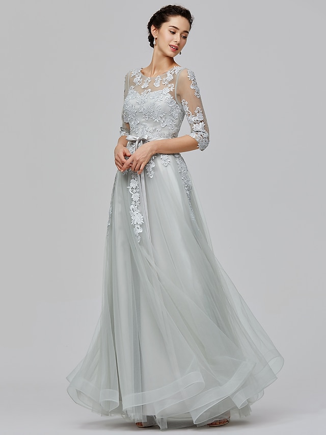 A-Line Empire Dress Wedding Guest Prom Floor Length Half Sleeve ...