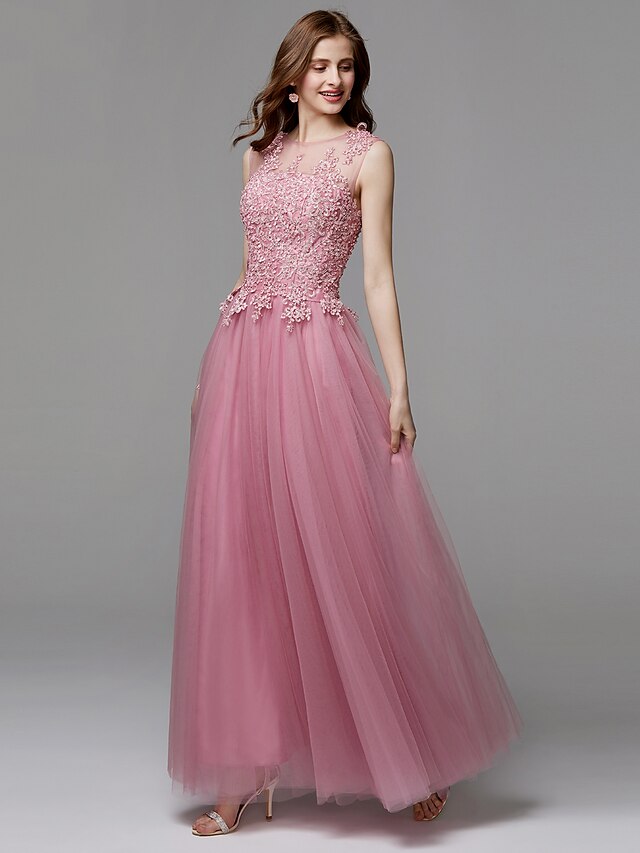  A-Line Floral Dress Prom Floor Length Sleeveless Illusion Neck Tulle with Appliques 2022 / Formal Evening