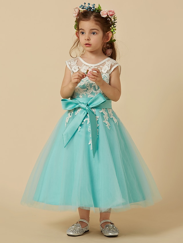  A-Line Knee Length Flower Girl Dresses Pageant Lace Sleeveless Jewel Neck with Sash / Ribbon 2022