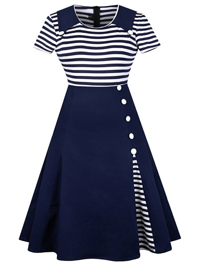  Women's Striped Daily Street chic Sheath Dress - Striped Square Neck Summer Black Red Navy Blue XL XXL XXXL