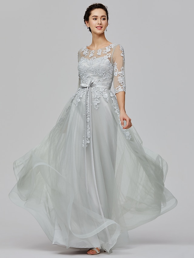  A-Line Empire Dress Wedding Guest Prom Floor Length Half Sleeve Illusion Neck Tulle with Bow(s) Appliques 2024