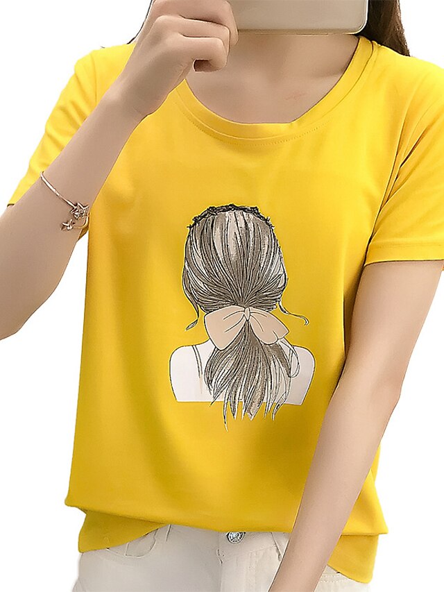  Women's T shirt Tee Solid Colored Round Neck Yellow White Daily Backless Clothing Apparel Cotton Linen Vintage / Short Sleeve / Batwing Sleeve