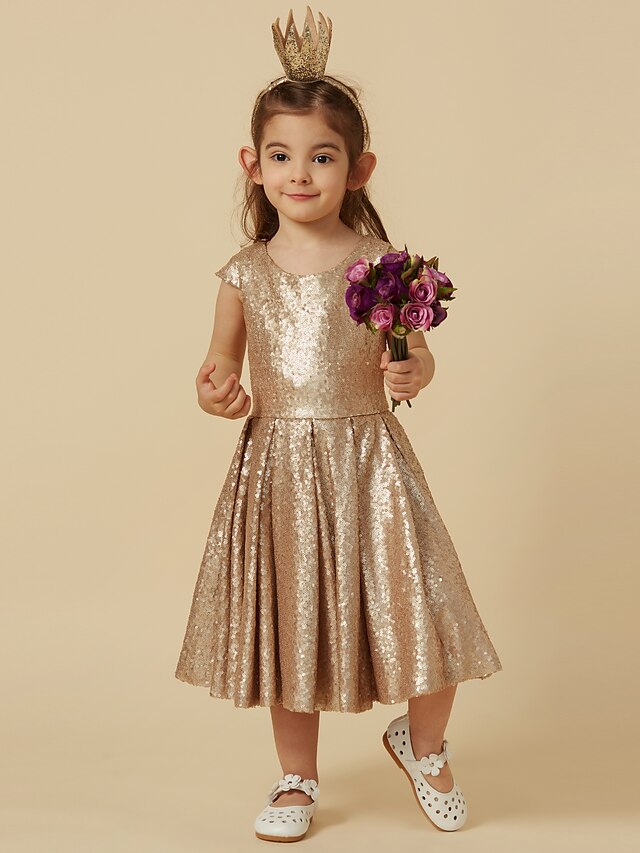  A-Line Tea Length Flower Girl Dress Cute Prom Dress Sequined with Sequin Fit 3-16 Years