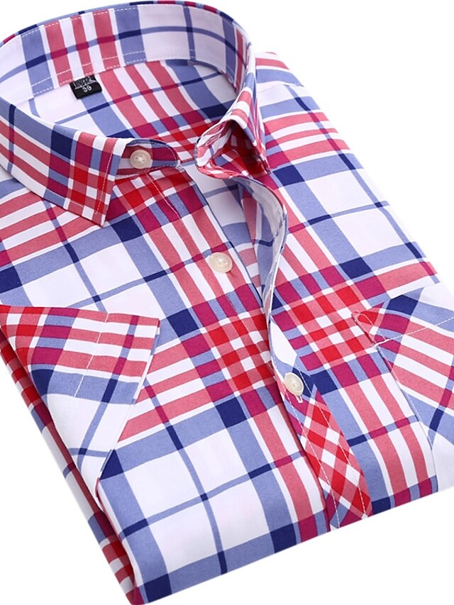  Men's Shirt Geometric Plaid / Check Square Neck Blue Light Green Red Short Sleeve Daily Weekend Tops Basic / Summer / Summer