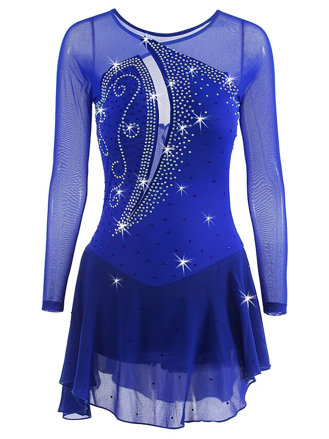  Figure Skating Dress Women's Girls' Ice Skating Dress Outfits Dark Blue Mesh Spandex High Elasticity Practice Professional Competition Skating Wear Anatomic Design Quick Dry Handmade Patchwork