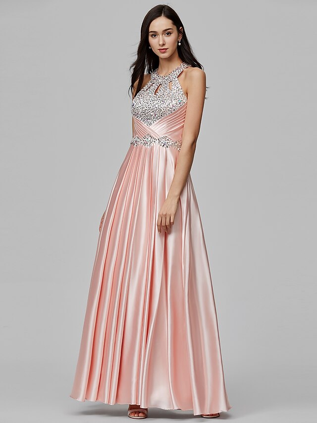  Sheath / Column Cut Out Sparkle & Shine Beaded & Sequin Formal Evening Dress Halter Neck Sleeveless Floor Length Stretch Satin with Crystals Beading Sequin 2020