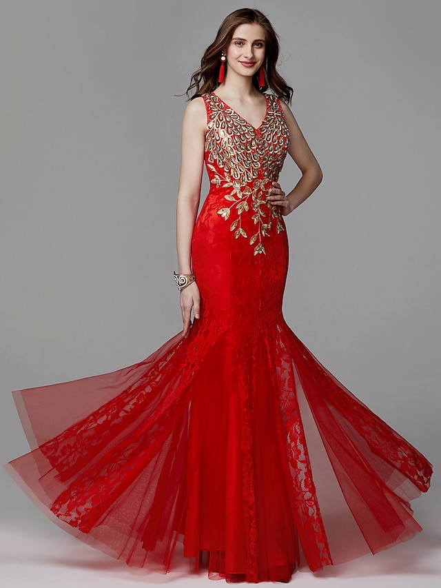  Mermaid / Trumpet Elegant Dress Prom Floor Length Sleeveless V Neck Lace with Lace Beading 2022