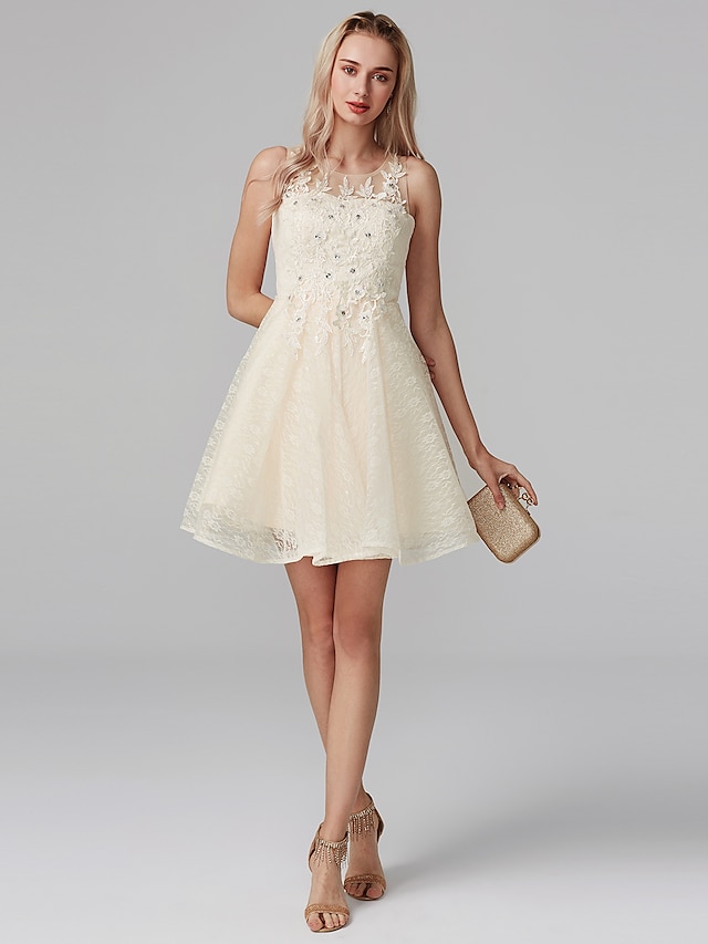  A-Line Hot Homecoming Cocktail Party Dress Illusion Neck Sleeveless Short / Mini Satin with Crystals Appliques 2022
