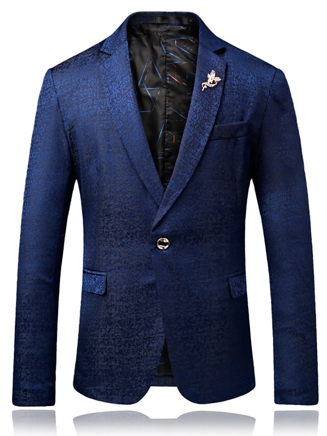  Men's Party / Daily Spring &  Fall Regular Blazer, Solid Colored Peaked Lapel Long Sleeve Polyester Blue / Black / Light Blue XXL / XXXL / 4XL