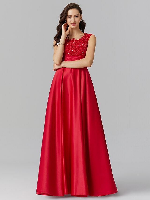 a-line-elegant-dress-wedding-guest-floor-length-sleeveless-jewel-neck-stretch-satin-with-beading