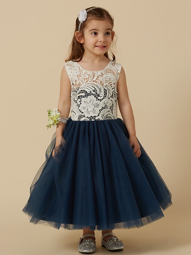  A-Line Knee Length Flower Girl Dress Cute Prom Dress Lace with Sash / Ribbon Fit 3-16 Years