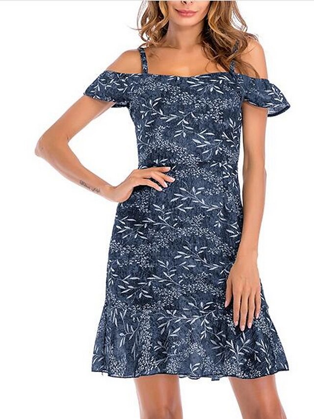  Women's Off Shoulder Daily Basic Slim Sheath Dress - Floral Strap Summer Yellow Navy Blue Red M L XL