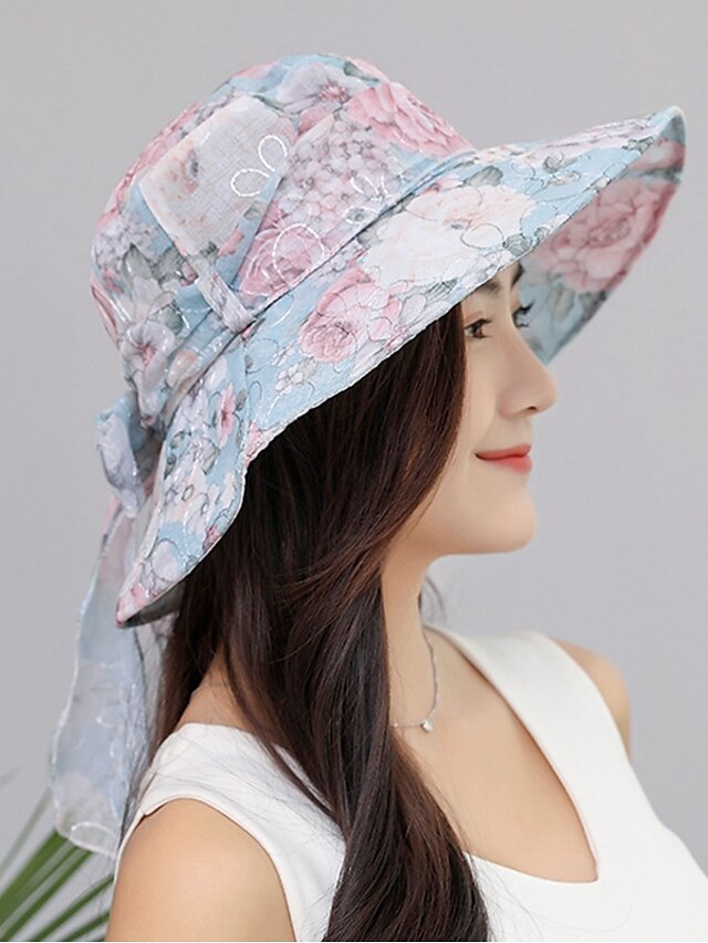  Women's Sun Hat Cute Lace Floral Bow Spring Summer Blue Blushing Pink / Fabric