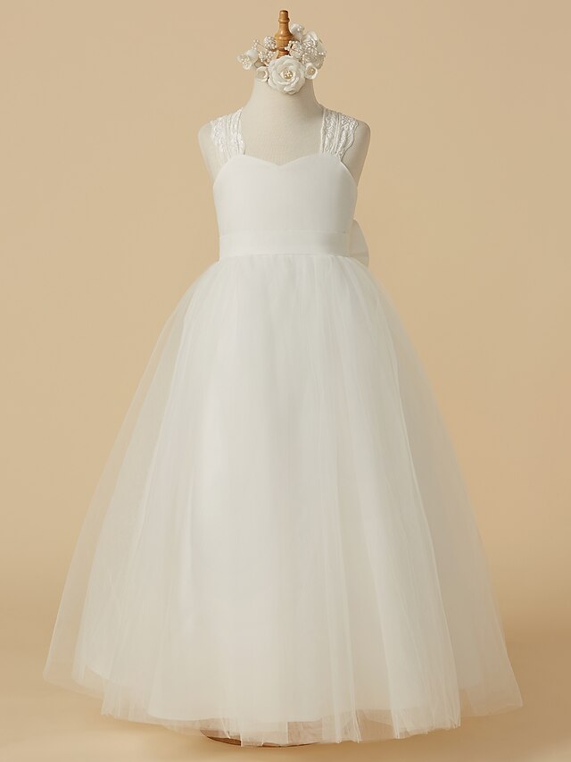 プリンセス フロア丈 フラワーガールのドレス 結婚式 レース ノースリーブ ホルター 〜と リボン 2022 / 洗礼式