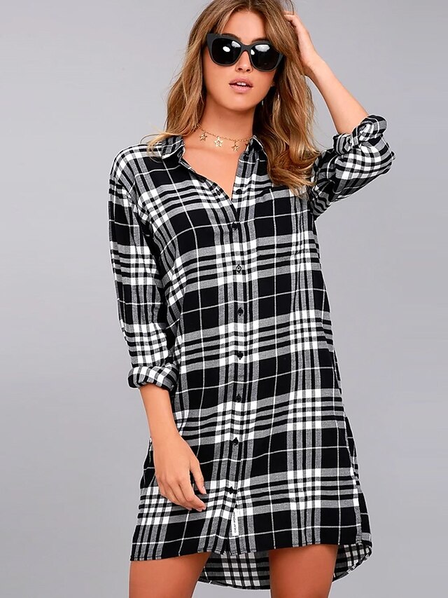  Women's Color Block Check Black & White Loose Shirt - Cotton Street chic Daily Weekend Shirt Collar Black