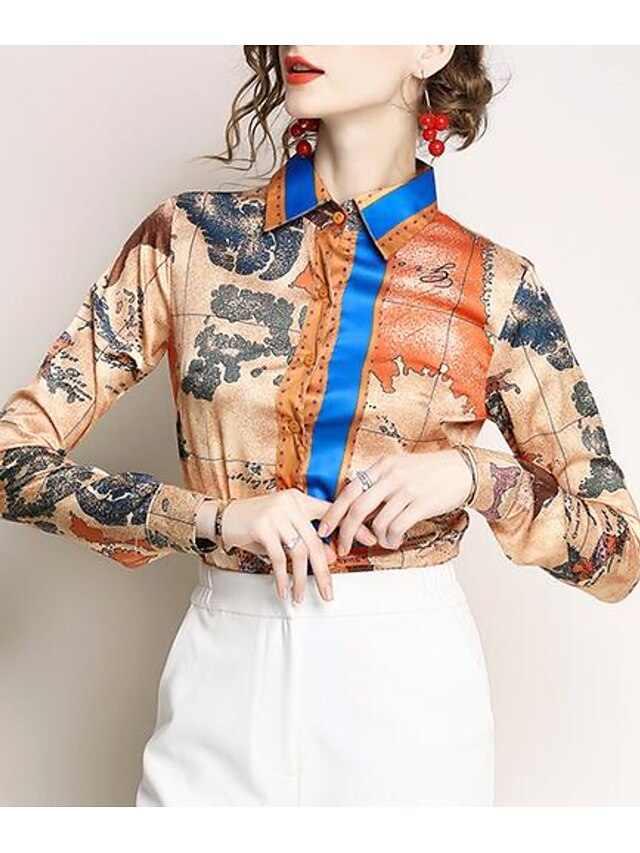  Women's Shirt Color Block Shirt Collar Khaki Daily Work Clothing Apparel / Long Sleeve