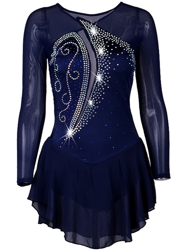  Figure Skating Dress Women's Ice Skating Dress Outfits Dark Navy Mesh Spandex Stretchy Practice Professional Competition Skating Wear Anatomic Design Quick Dry Handmade Classic Crystal / Rhinestone