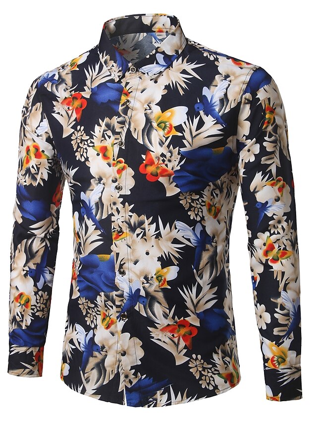  Men's Shirt Floral Plus Size Long Sleeve Holiday Tops Business Blue / Work