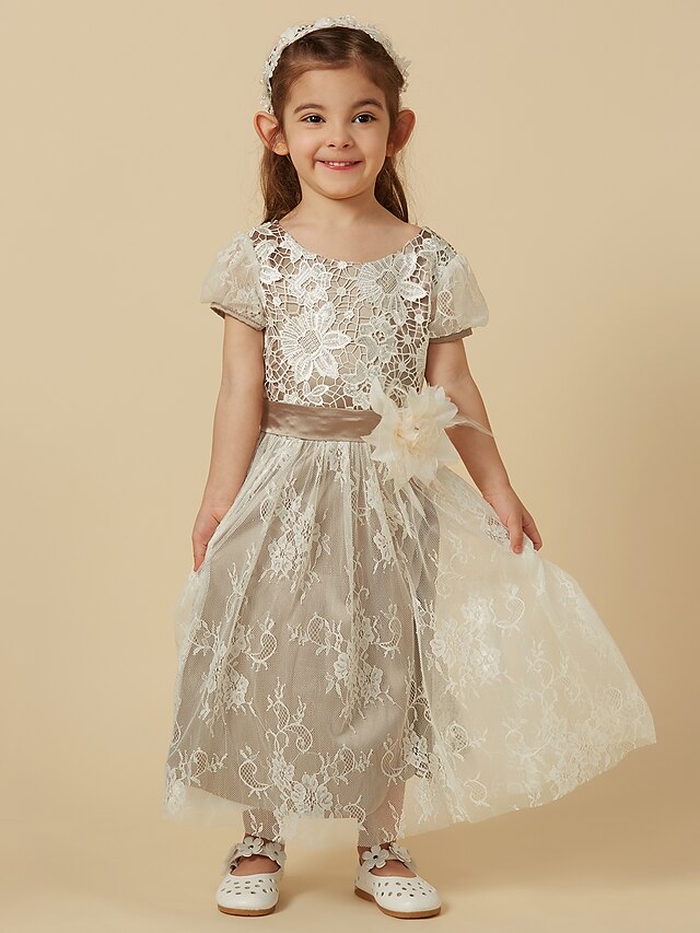  Γραμμή Α Μέχρι το γόνατο Φόρεμα για Κοριτσάκι Λουλουδιών Χαριτωμένο φόρεμα χορού Δαντέλα με Ζώνη / Κορδέλα Κατάλληλο 3-16 ετών