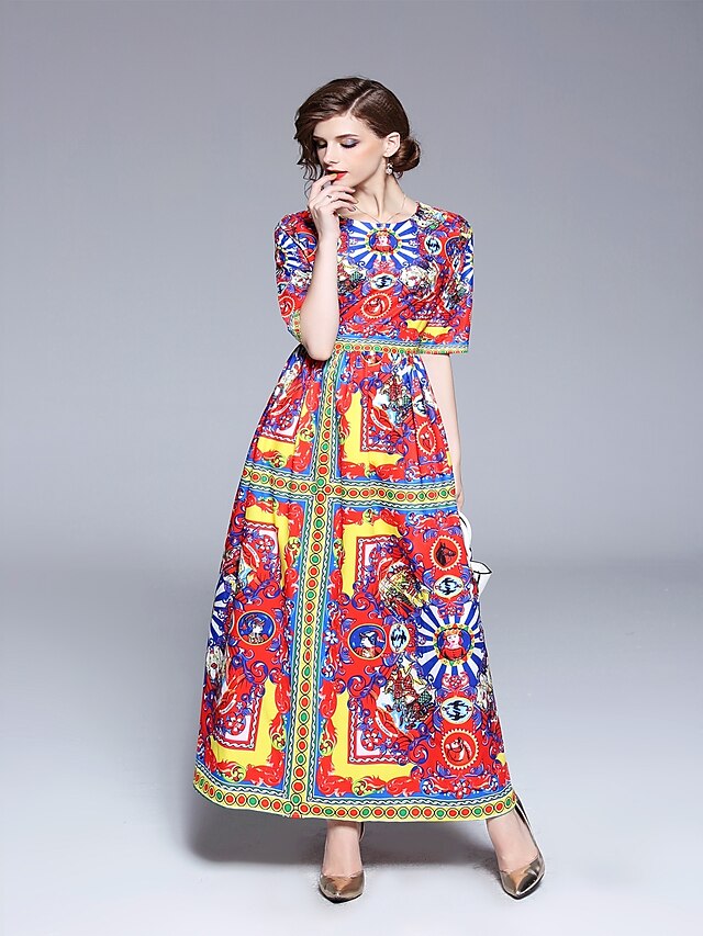  Women's Daily Vintage Maxi Swing Dress - Geometric Print Crew Neck Summer Rainbow L XL XXL