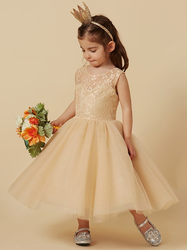  Γραμμή Α Μέχρι το γόνατο Φόρεμα για Κοριτσάκι Λουλουδιών Χαριτωμένο φόρεμα χορού Δαντέλα με Δαντέλα Κατάλληλο 3-16 ετών