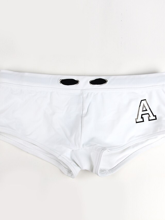  Men's Basic White Black Red Boy Leg Bottoms Swimwear - Solid Colored Letter Lace up M L XL White