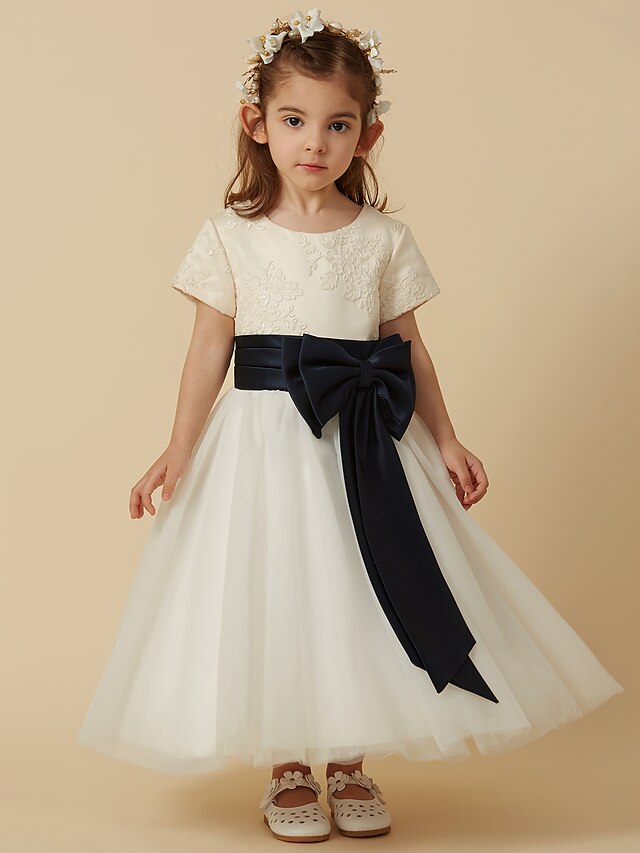  Princess Tea Length Flower Girl Dress - Satin / Tulle Short Sleeve Jewel Neck with Appliques / Bow(s) / Sash / Ribbon by LAN TING BRIDE®