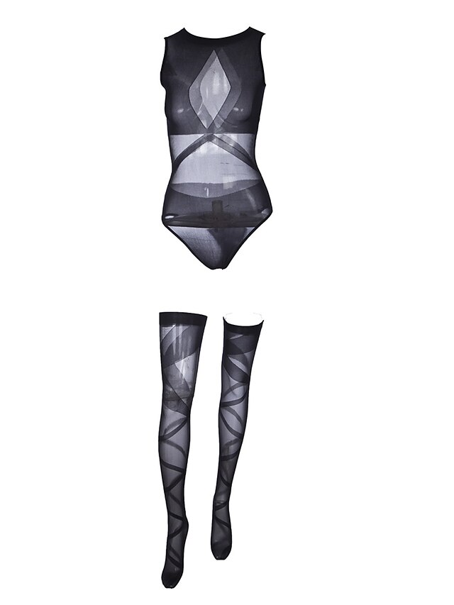  Femme Maille Grandes Tailles Sexy Body Vêtement de nuit Couleur Pleine Noir Taille unique