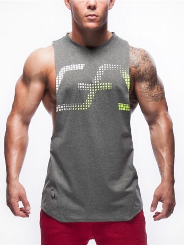  Men's Sports Basic Cotton Slim Tank Top - Color Block Print Round Neck / Short Sleeve