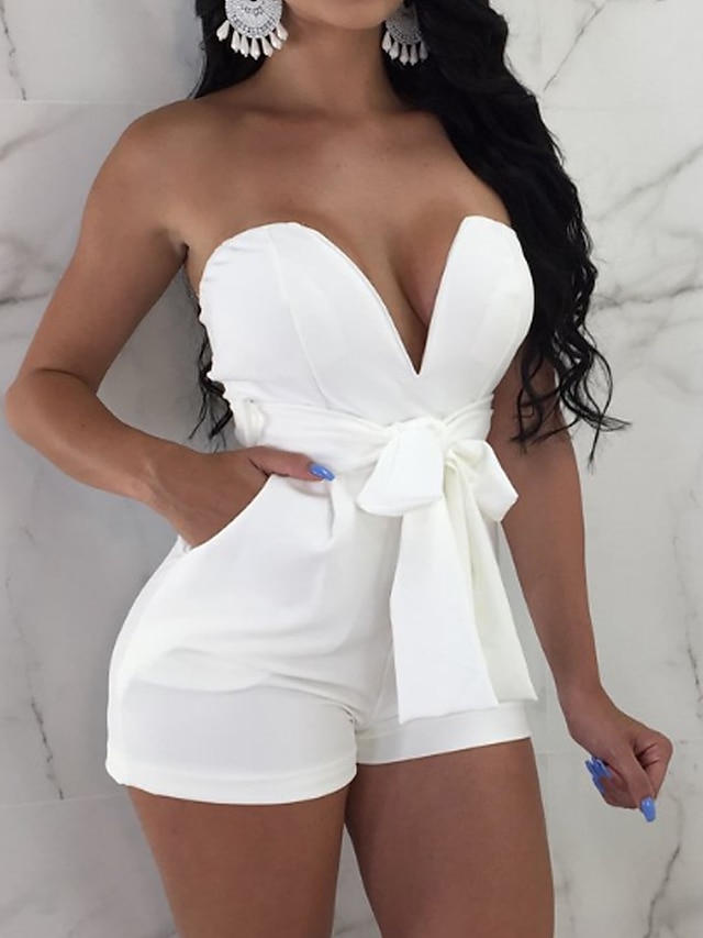  Women's Romper Solid Colored Deep V Sexy Going out Club Sleeveless White Black Wine S M L