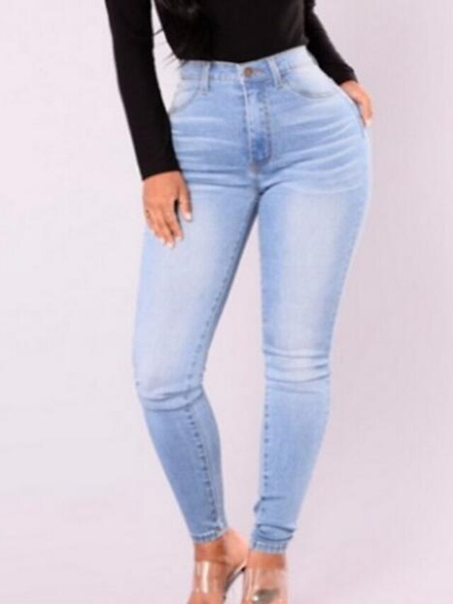  Mulheres Jeans Calças Cintura Média Básico Diário Cor Sólida Azul Claro S