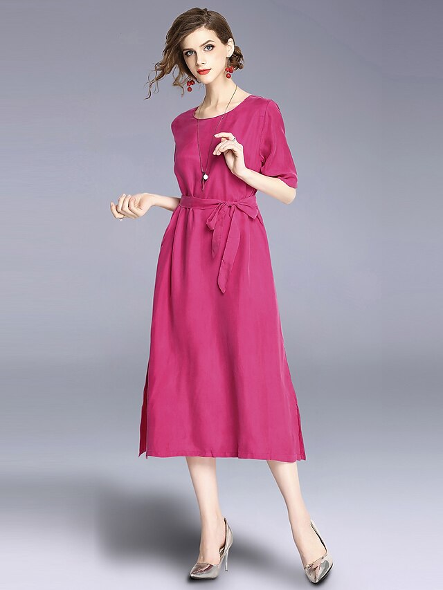  Women's Holiday / Going out Basic / Street chic Loose Shift Dress - Solid Colored Summer Fuchsia Wine L XL XXL