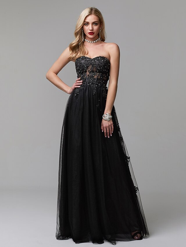  A-Line Sparkle & Shine Dress Prom Formal Evening Floor Length Sleeveless Sweetheart Lace with Beading Appliques 2024