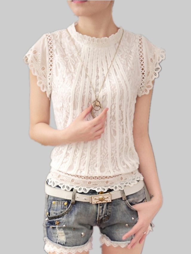  Women's Daily Cotton Slim Shirt - Solid Colored Lace Stand White / Summer