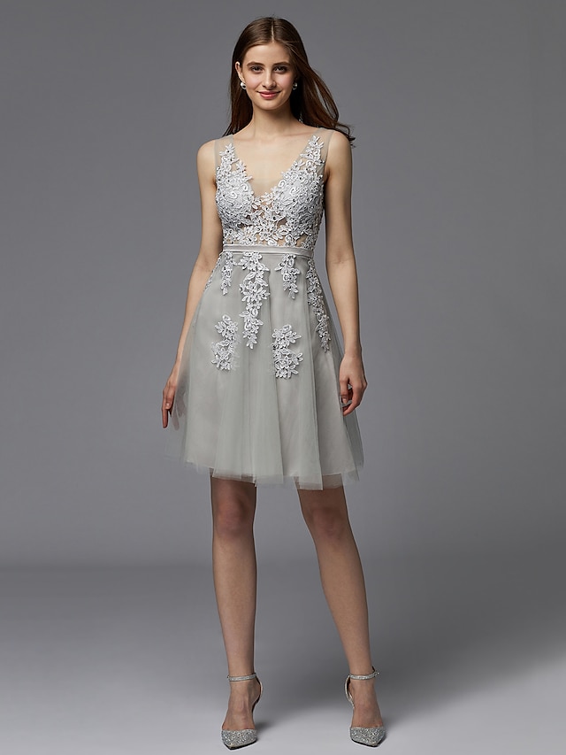  A-Line Floral Cute Cocktail Party Prom Dress V Neck Sleeveless Short / Mini Lace Tulle with Bow(s) Appliques 2021 / Illusion Sleeve