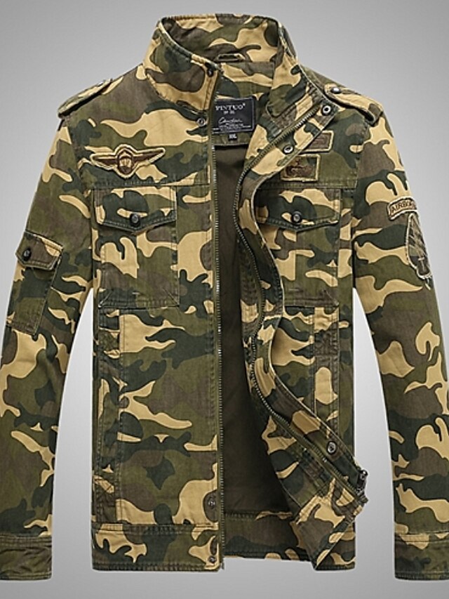  Men's Jacket Daily Military Stand Print Regular Color Block Long Sleeve Cotton Army Green / Khaki M / L / XL