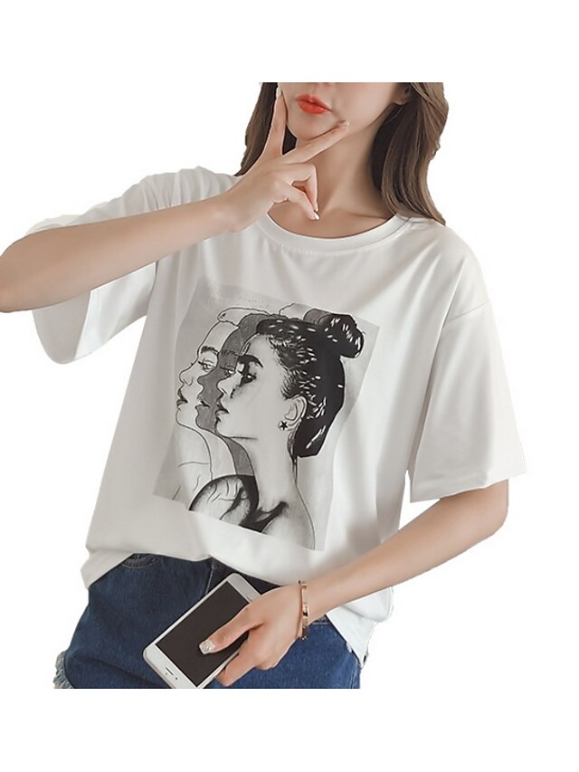  Women's Loose T-shirt - Solid Colored / Portrait Print / Summer
