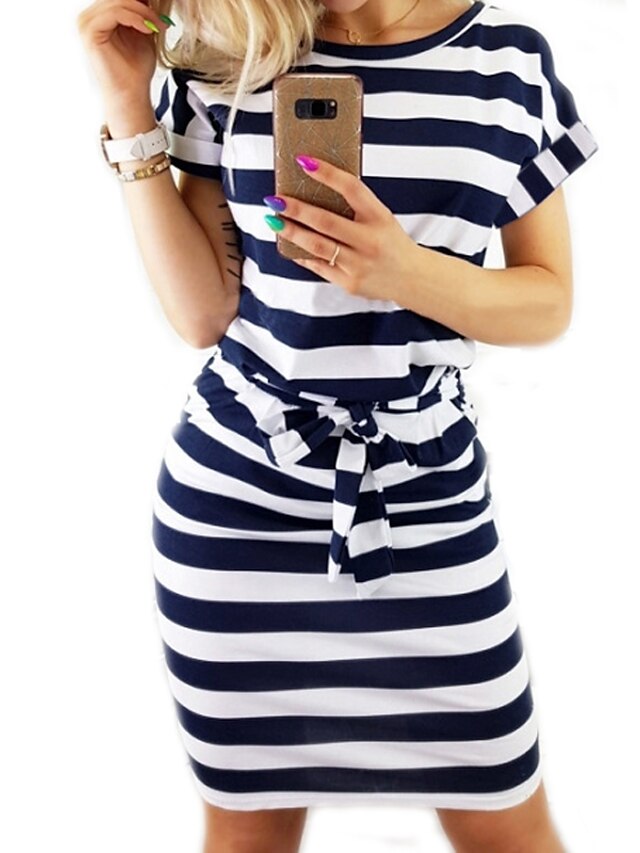  Women's T Shirt Dress Short Sleeve Striped Summer Basic Daily Going out Slim Striped Blue Gray S M L XL