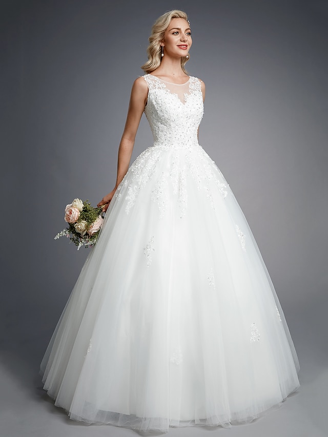 Ball Gown Wedding Dresses Floor Length Lace Tulle Regular Straps Formal ...